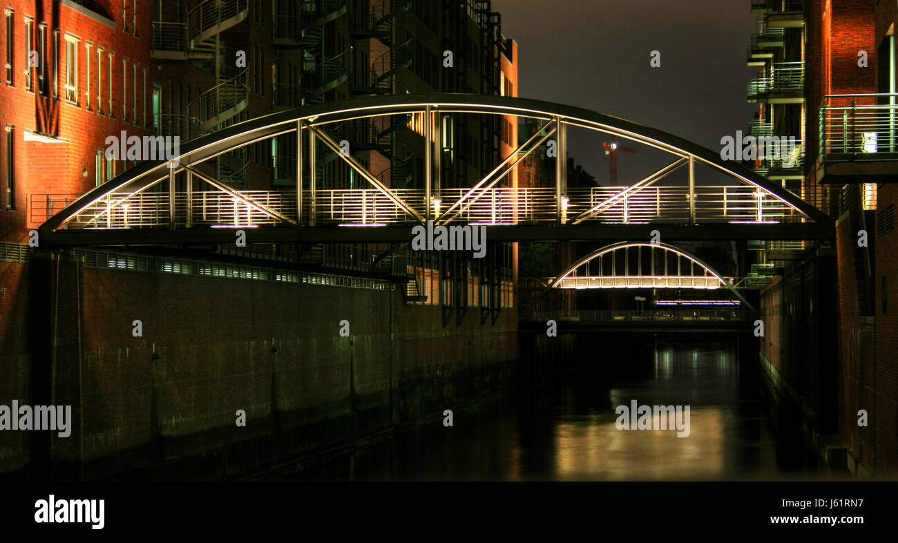 bridge at night night photograph hamburg style of construction architecture Stock Photo