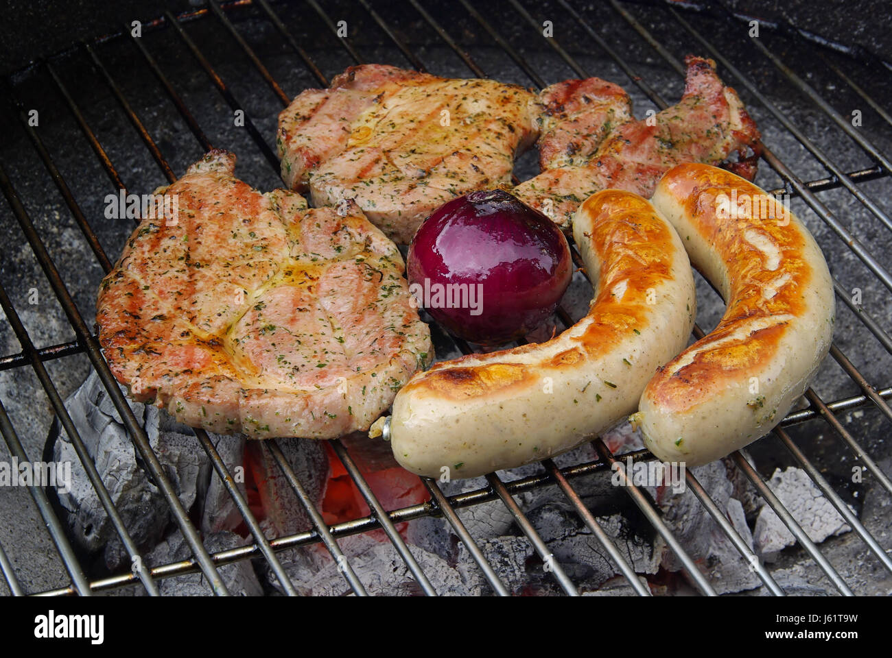 sausage grill barbecue barbeque steak meat food aliment boil cooks boiling Stock Photo