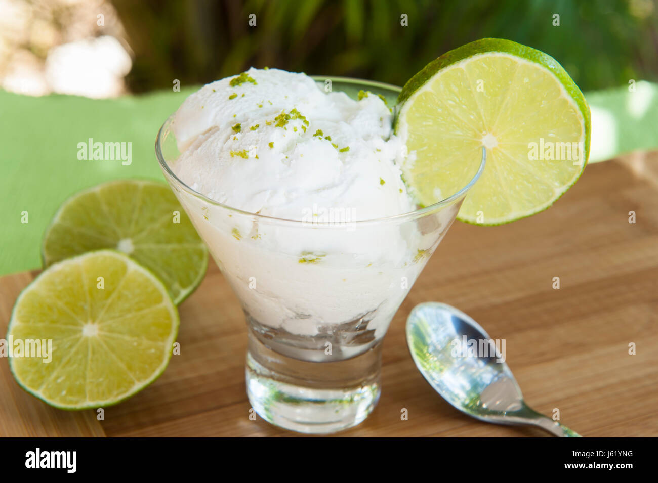 Dish of lime ice cream with lime slices served outdoors Stock Photo