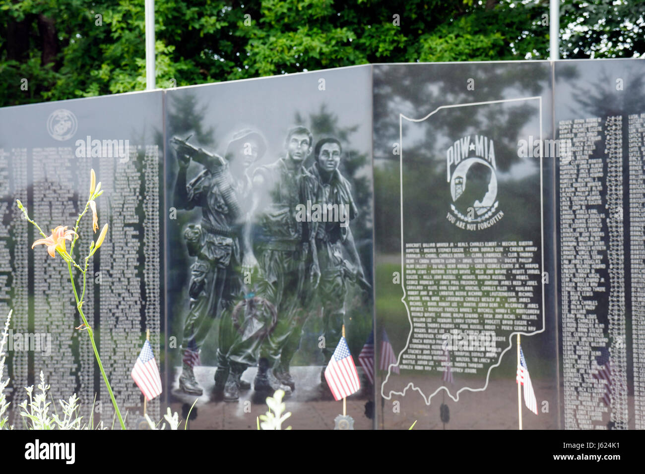 Indiana Chesterton,War Memorial,monument,patriotism,remembrance,military,honor,hero,names,veterans,death,flags,1960s,1970s,Vietnam,engraved,marble,sol Stock Photo
