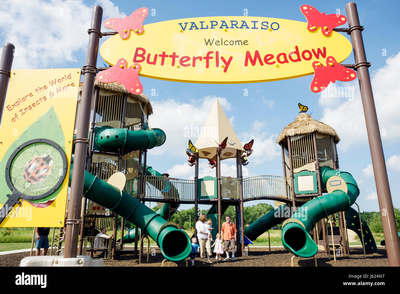 Valparaiso Indiana,Butterfly Meadow,theme playground,slides,walkways,man men male,woman female women,boy boys,kid kids child children youngster,girl g Stock Photo