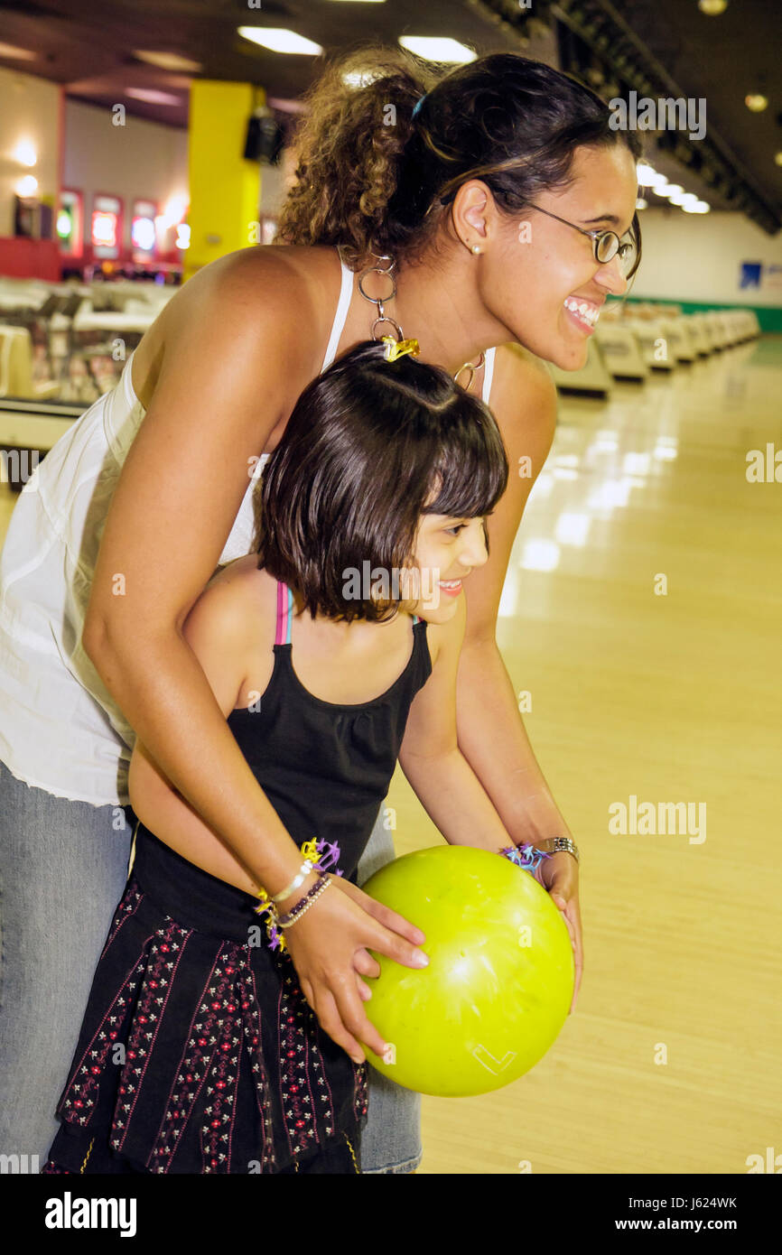Valparaiso Indiana,Inman's Fun & Party Center,centre,bowling,lane,Hispanic woman female women,girl girls,youngster,kids children mother,parent,parents Stock Photo