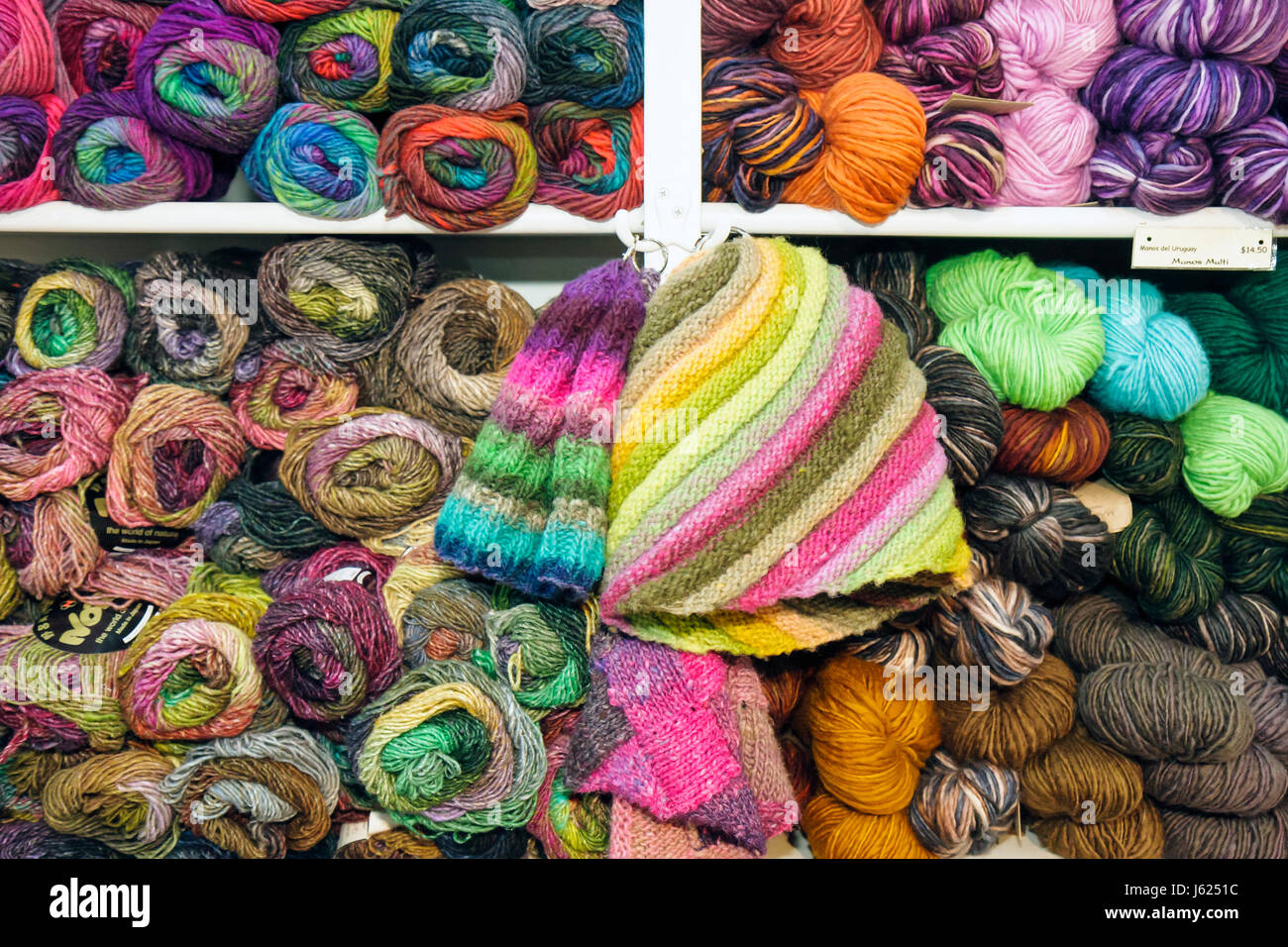 Valparaiso Indiana,Sheep's Clothing,knitting supplies,yarn,wool,multi color,craft,hobby,display sale shopping shopper shoppers shop shops market marke Stock Photo
