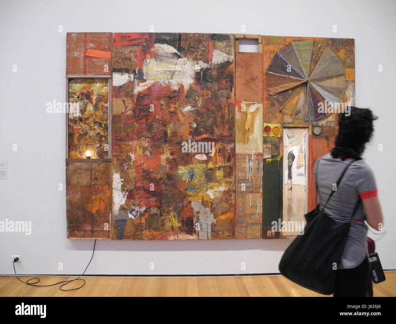 The artwork 'Charlene' by US artist Robert Rauschenberg, part of a retrospective exhibition of Rauschenberg's work which opens on 21 May, at the Museum of Modern Art (MoMA) in New York, 16 May 2017. Photo: Johannes Schmitt-Tegge/dpa Stock Photo