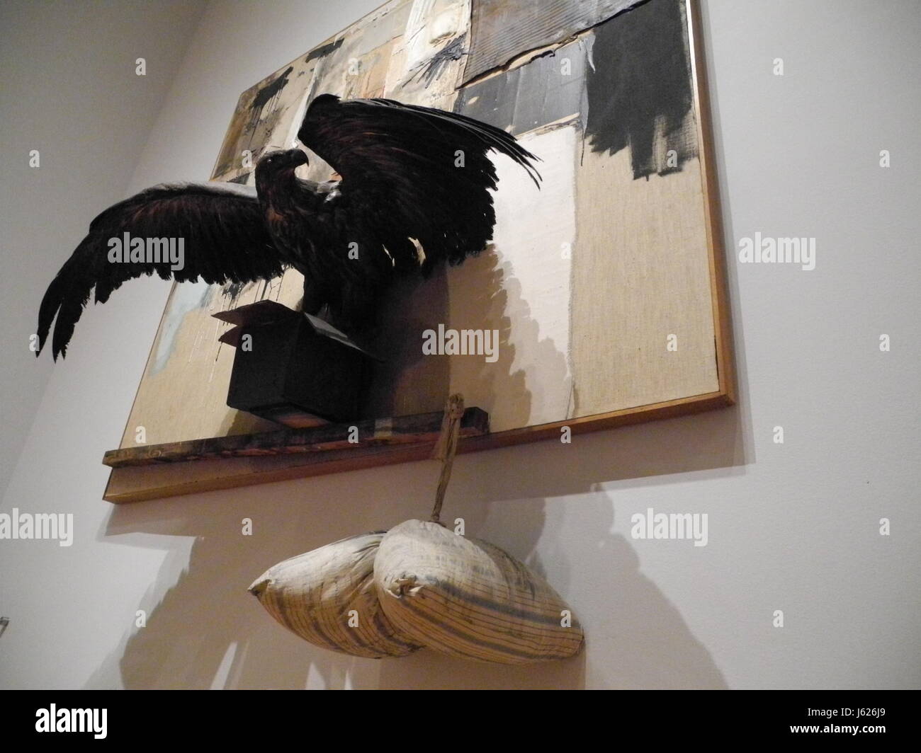 The artwork 'Canyon' by US artist Robert Rauschenberg, part of a retrospective exhibition of Rauschenberg's work which opens on 21 May, at the Museum of Modern Art (MoMA) in New York, 16 May 2017. Photo: Johannes Schmitt-Tegge/dpa Stock Photo