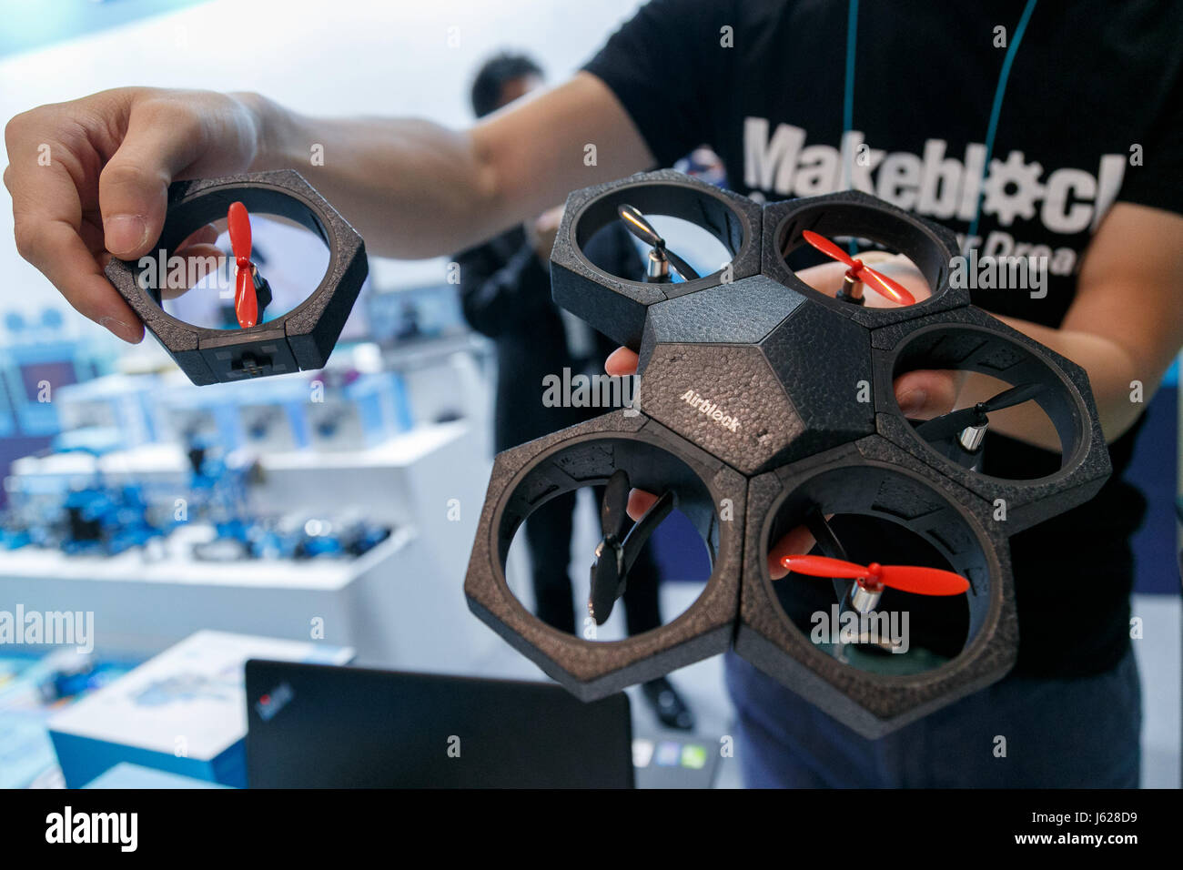 An exhibitor shows a drone Airblock during the Educational IT Solutions  Expo (EDIX) at Tokyo Big Sight on May 19, 2017, Tokyo, Japan. EDIX is  Japan's largest Educational IT trade show attracting