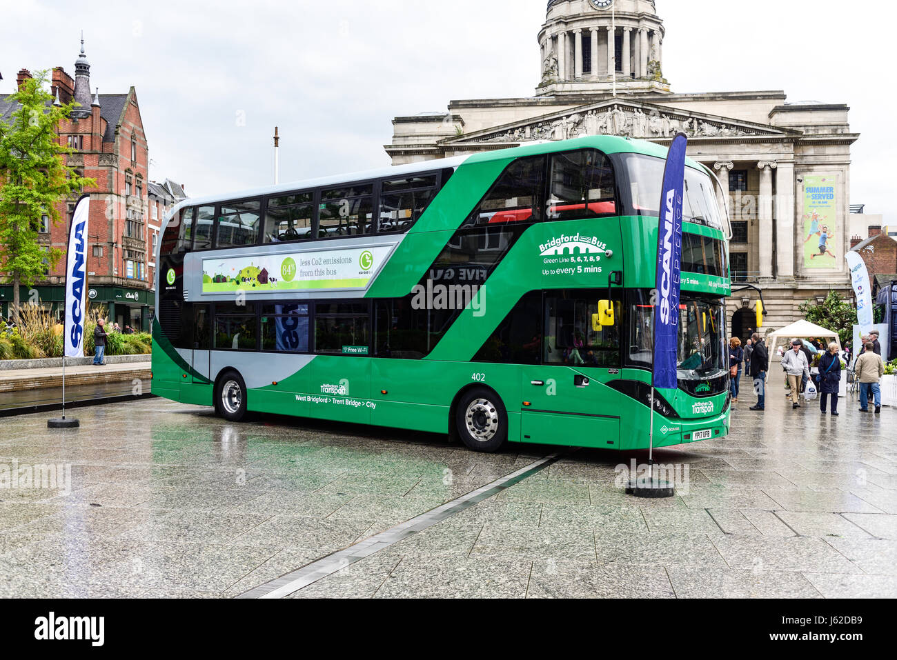 Nottingham, UK. 19th May 2017. Nottingham city transport display on the old market square the world's greenest fleet of biogas double-decker buses.They are due for public service this summer. Credit: Ian Francis/Alamy Live News Stock Photo