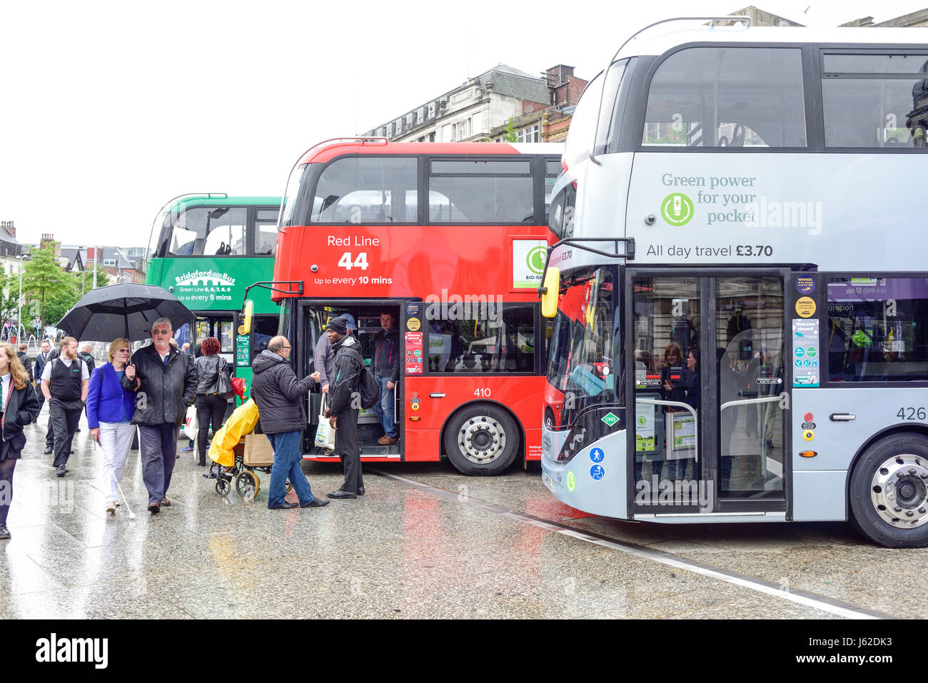 Nottingham, UK. 19th May 2017. Nottingham city transport display on the old market square the world's greenest fleet of biogas double-decker buses.They are due for public service this summer. Credit: Ian Francis/Alamy Live News Stock Photo