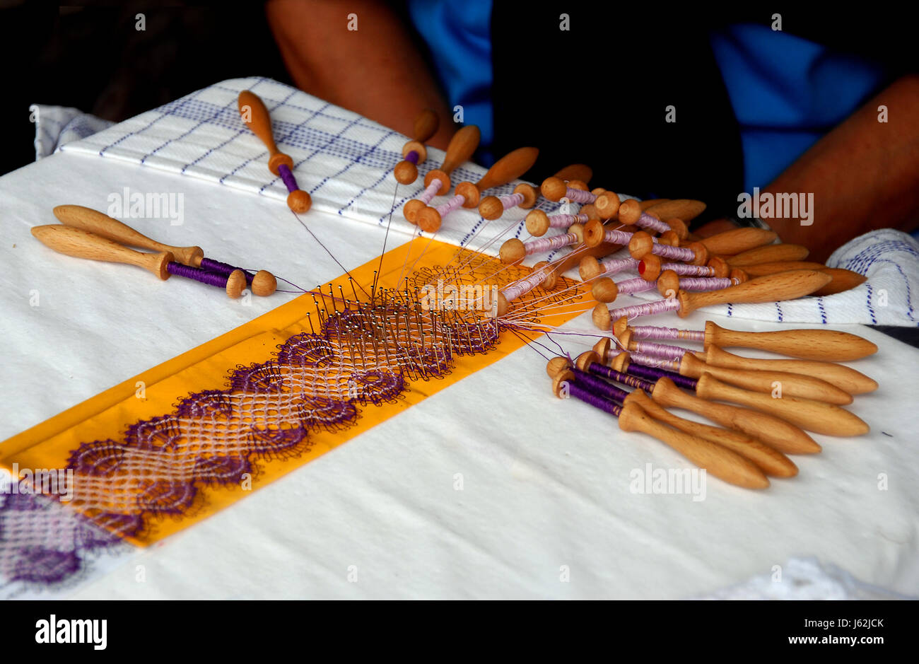 blanket clapper handicraft lace-making doily yarn handiworks woman hand hands Stock Photo