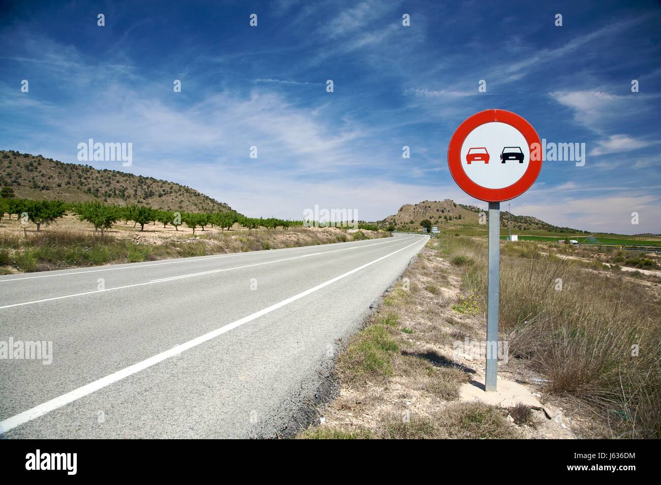 sign signal asphalt motorway highway warning overtake road street sign signal Stock Photo