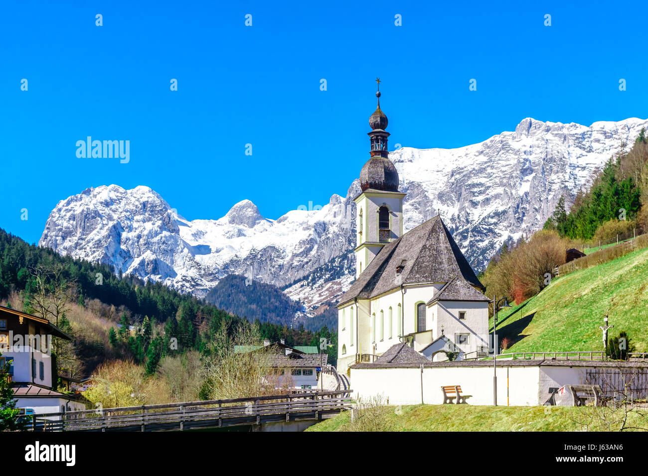 Mountain landscape and church by Ramsau in Bavaria Stock Photo