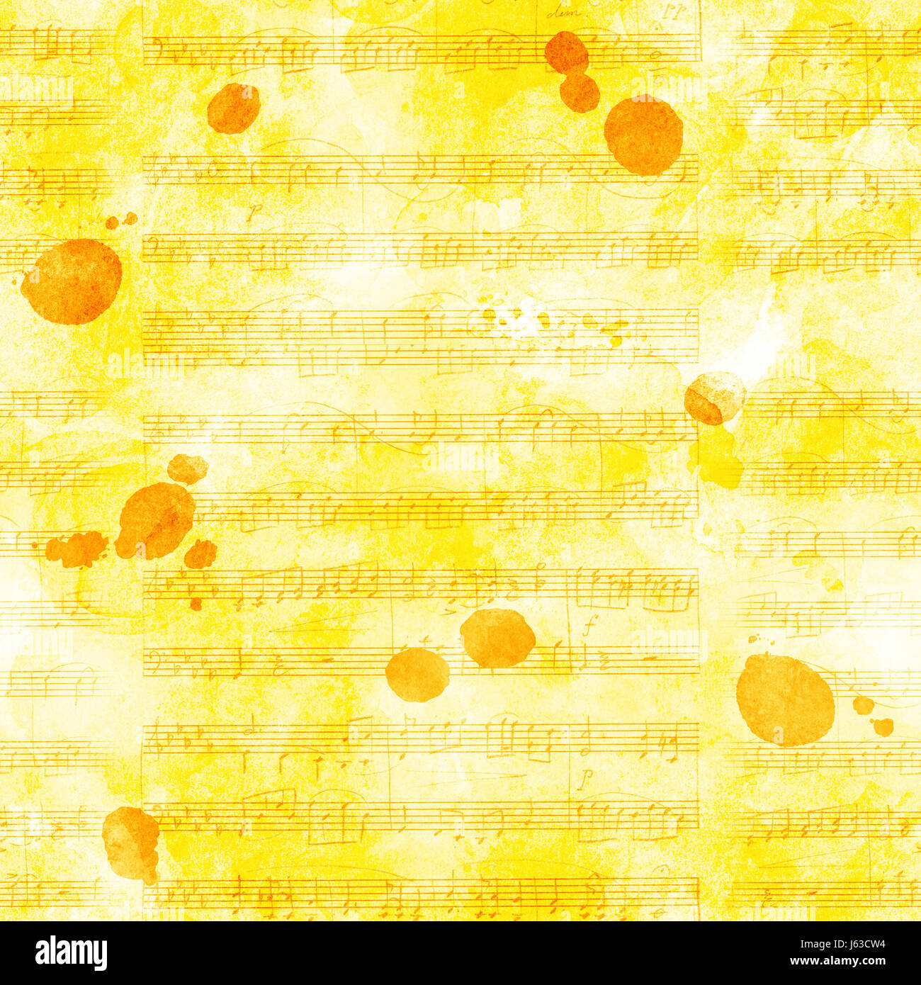 A seamless background pattern with sheet music and ink stains, golden toned Stock Photo
