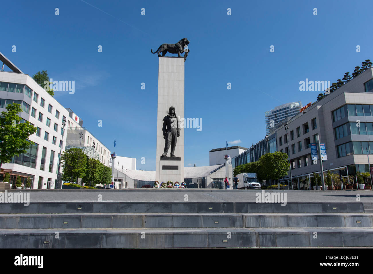 The statue of Milan Rastislav Stefanik stands on 2.7m high pylon on the left bank of the Danube riv... Stock Photo