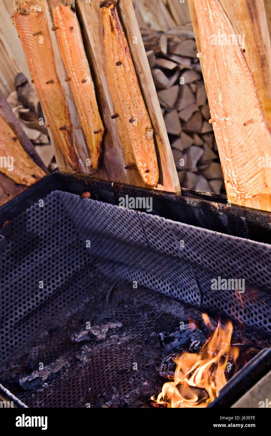 wood fire conflagration salmon smoked smoke food aliment wood fire Stock Photo