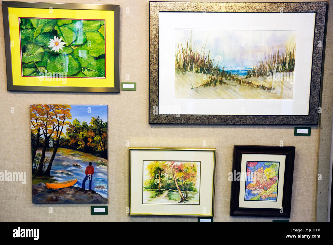 Indiana Chesterton,Chesterton Art Center,centre,visual art artwork,local artists,framed paintings,mat,landscape,exhibit exhibition collection,gallery Stock Photo