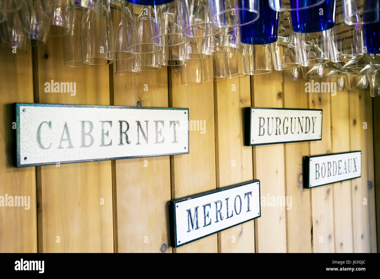 Michigan,MI,Mich,Upper Midwest,Buchanan,Tabor Hill Winery and,restaurant restaurants food dining eating out cafe cafes bistro,wine glasses hang,signs, Stock Photo