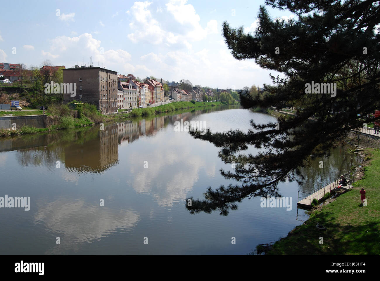 border upstream bank river water shore historical city town tree old ...
