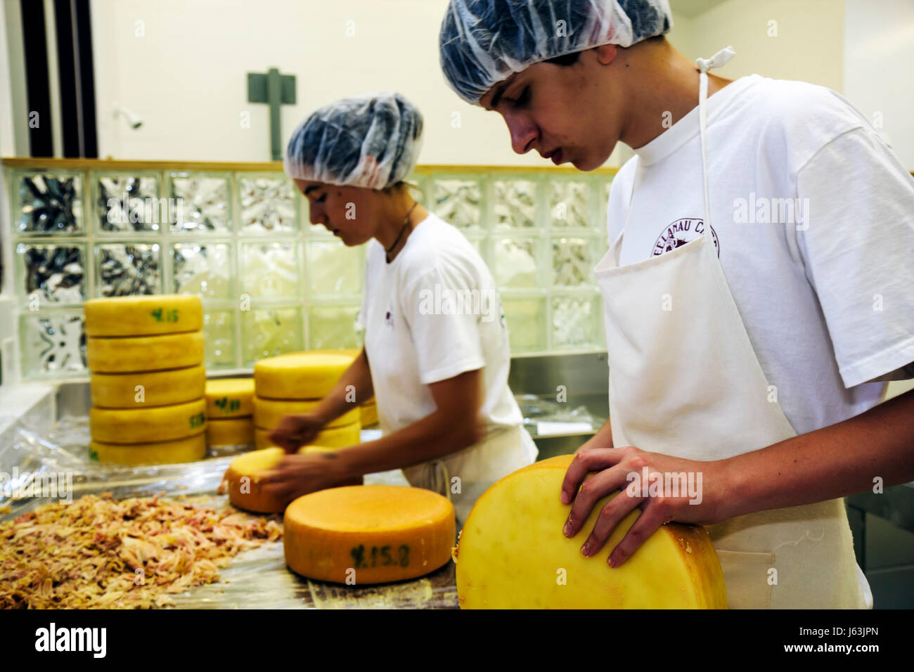 Michigan Traverse City,Leelanau Peninsula,Black Star Farms,Leelanau Cheese Company,creamery,make cheese,craft,skill,wheels,Raclette,dairy,teen,teens,m Stock Photo