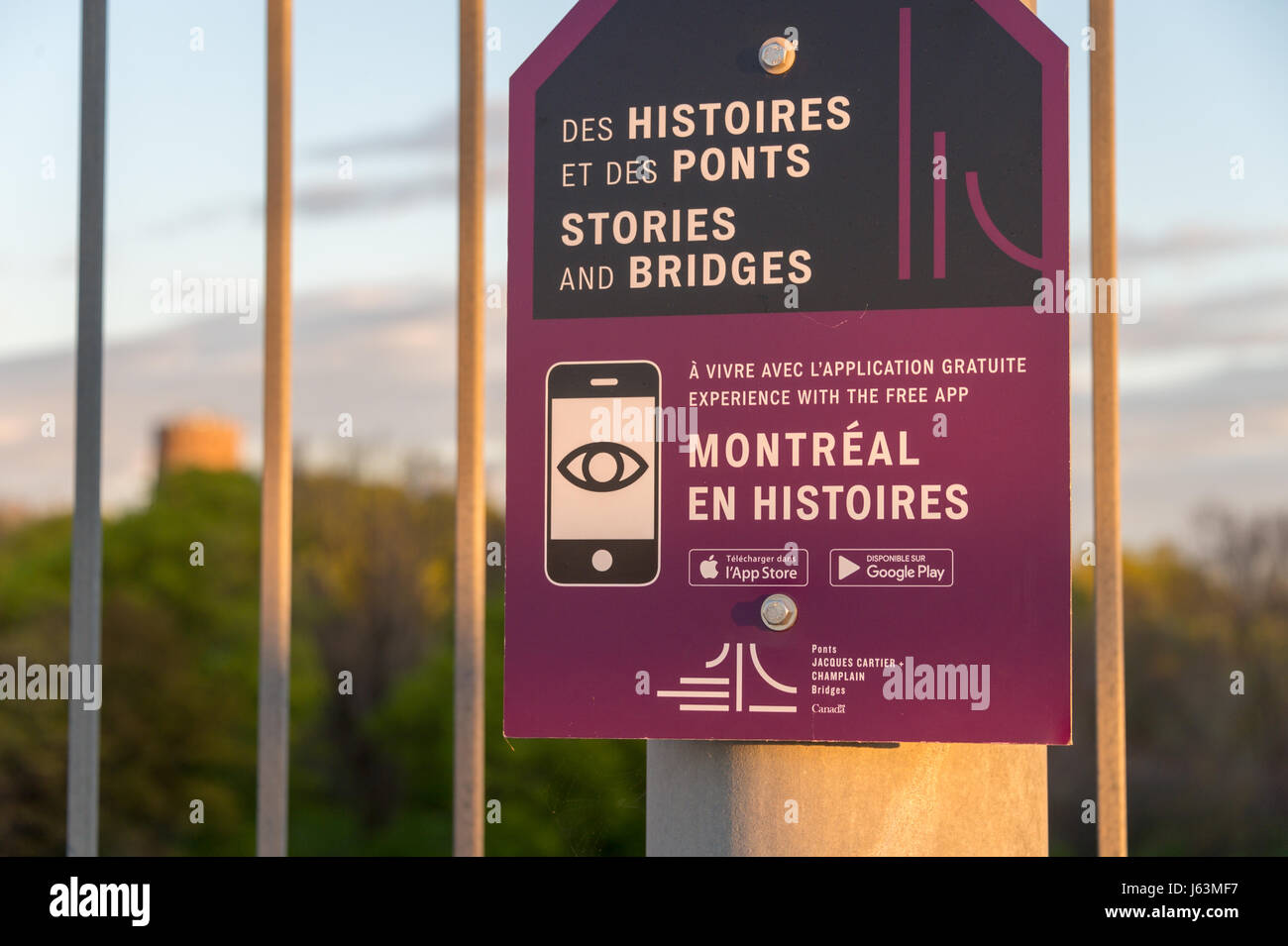 'Montreal en Histoires' point of interest on Jacques Cartier Bridge. 'Montreal en Histoires' is a multimedia project celebrating Montreal's history. Stock Photo