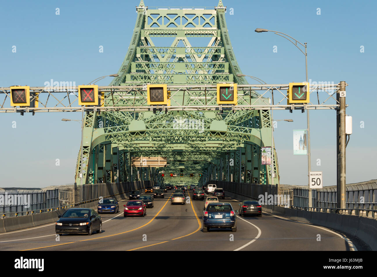 MONTREAL, CA - 18 May 2017. Traffic on Jacques Cartier bridge crossing Saint Lawrence river. Stock Photo