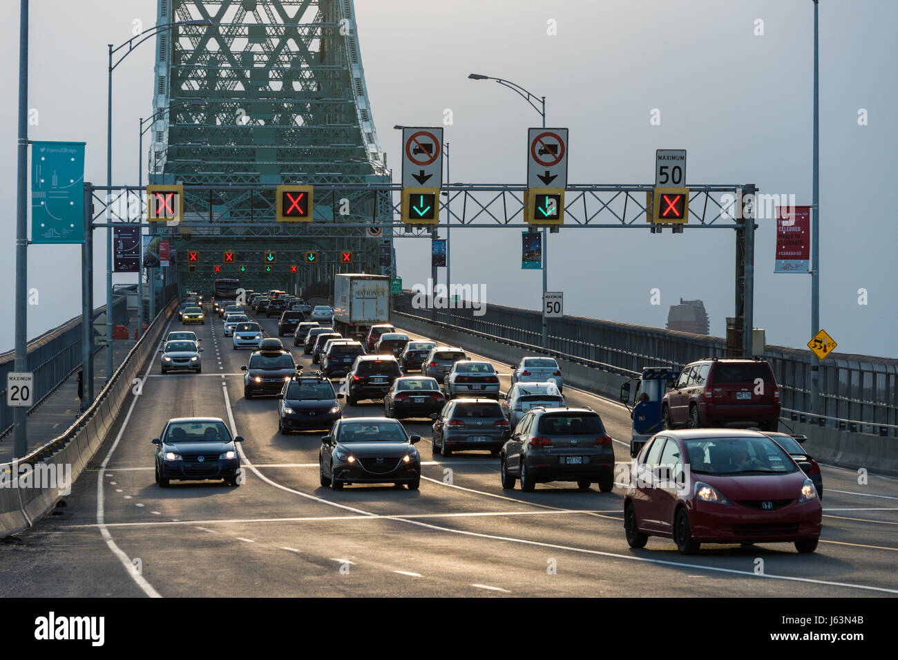 MONTREAL, CA - 18 May 2017. Traffic on Jacques Cartier bridge crossing Saint Lawrence river. Stock Photo