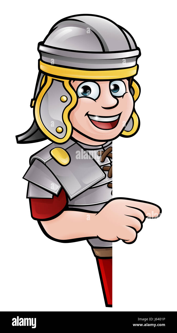 An ancient Roman soldier cartoon character peeking around a sign and pointing at it Stock Photo