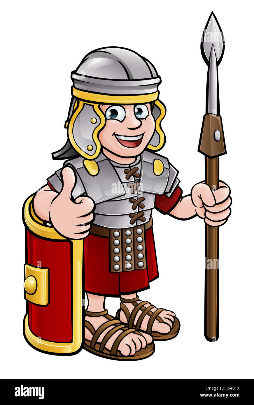 A Roman soldier cartoon character holding a spear and giving a thumbs up Stock Photo
