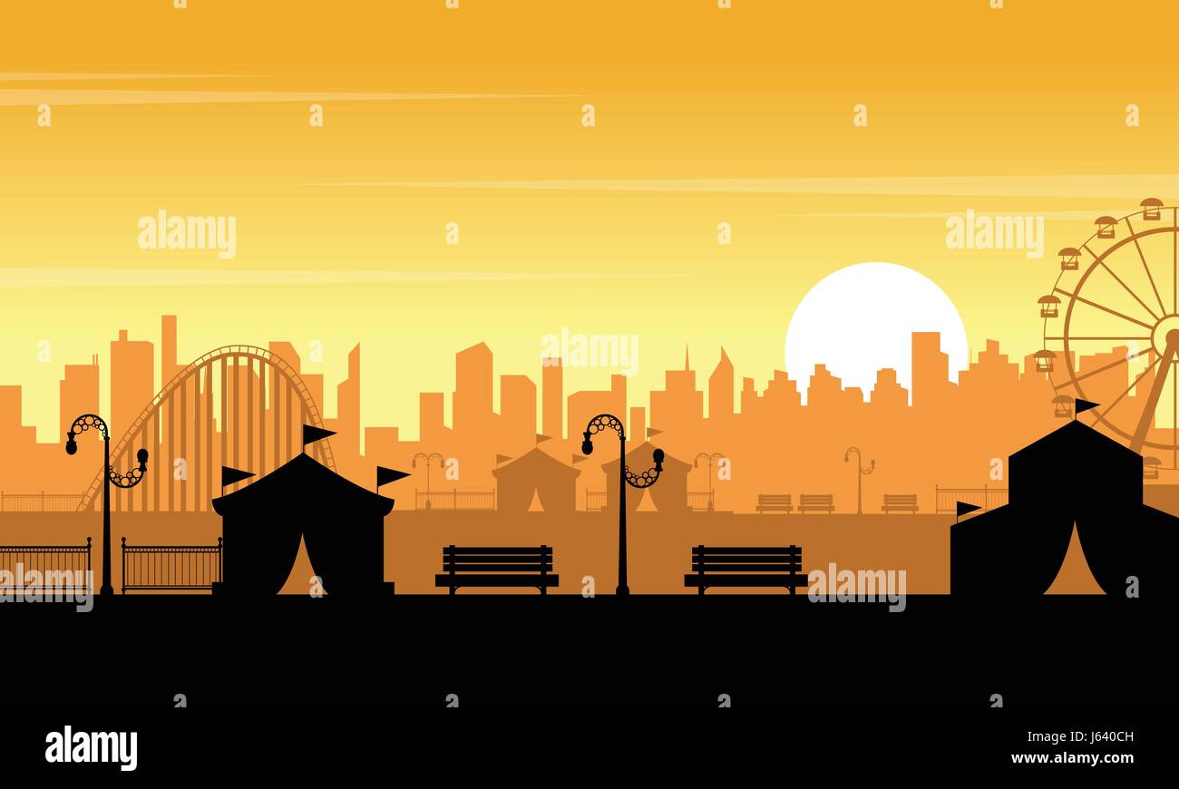 Vector flat amusement park at sunset scenery Stock Vector Image & Art ...