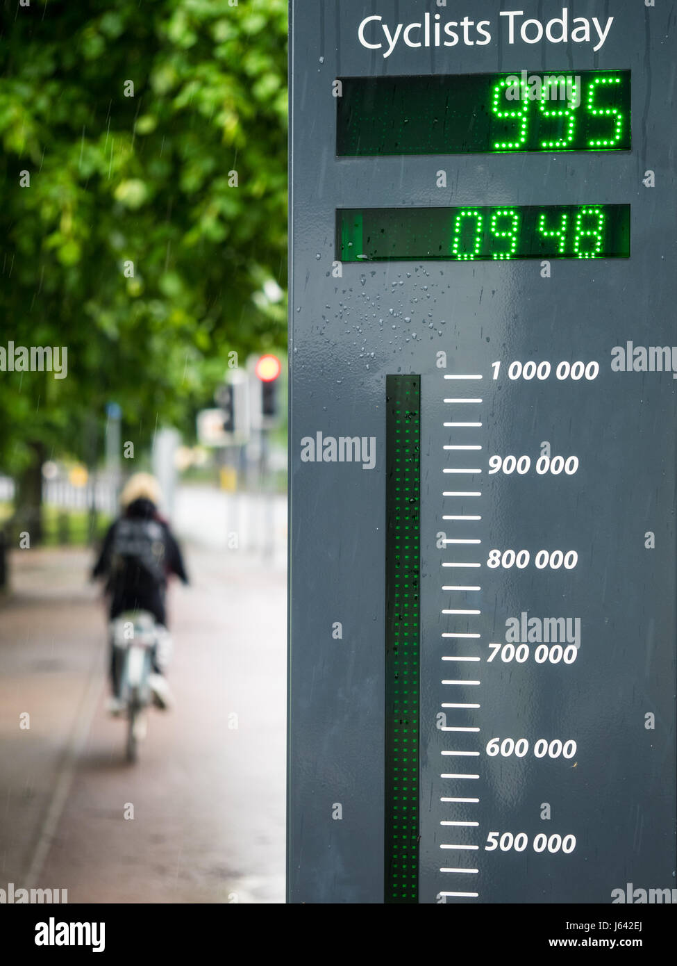 Cyclist Count or Counting Cyclists - Cyclist counter on a busy cycle path in Central Cambridge UK. Stock Photo