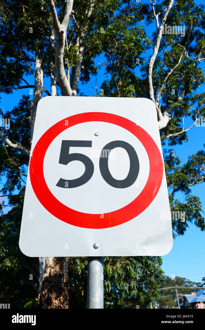 Road sign 50 speed limit, New South Wales, NSW, Australia Stock Photo