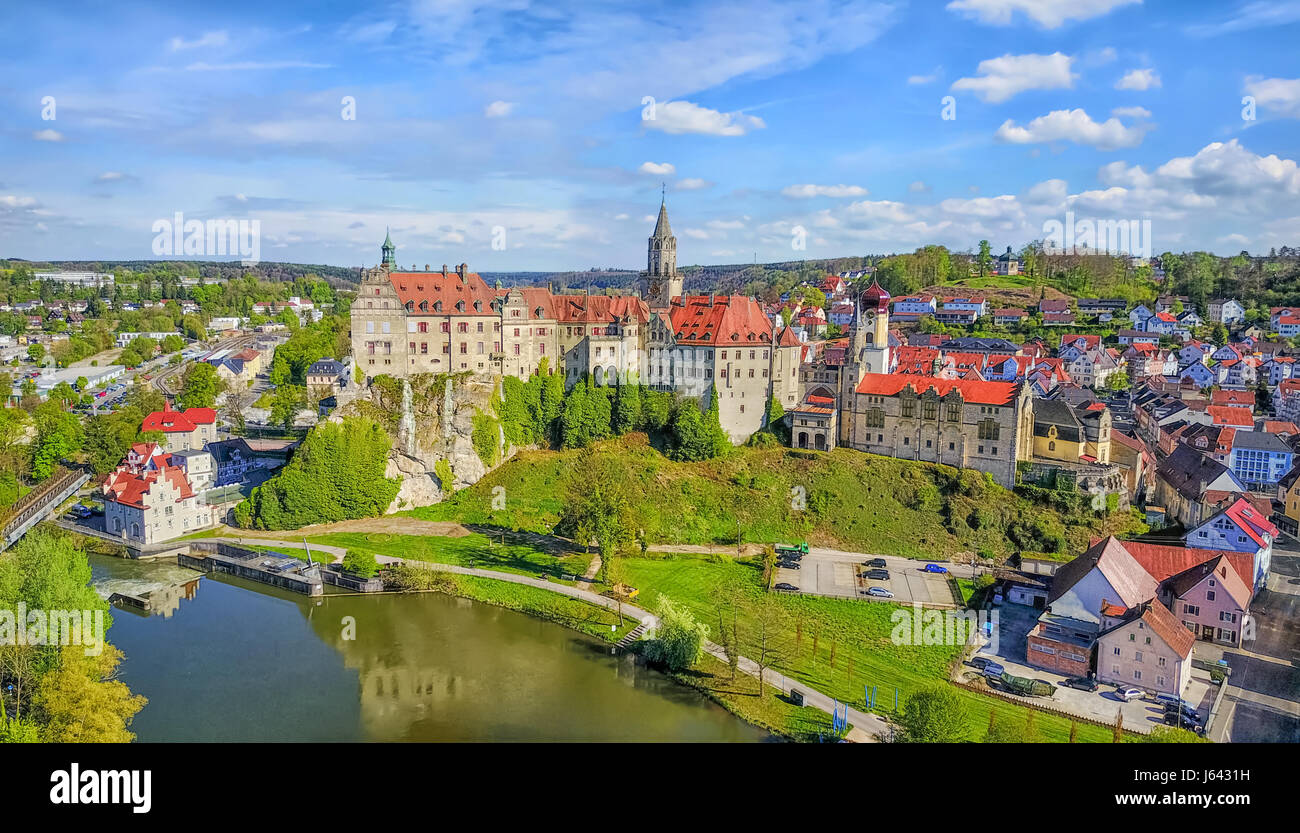 Panoramic aerial view on Sigmaringen castle located on the side of Danube river in Sigmaringen, Baden-Wurttemberg, Germany Stock Photo