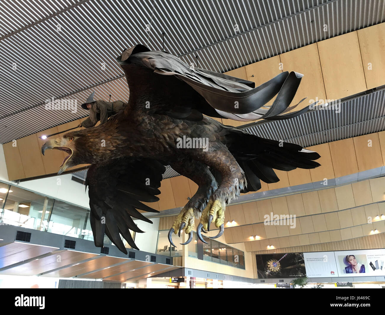 Gandalf and its geant eagle in the Wellington airport for the promotion of the film of Peter Jackson, The Lord of the Rings, New Zealand Stock Photo