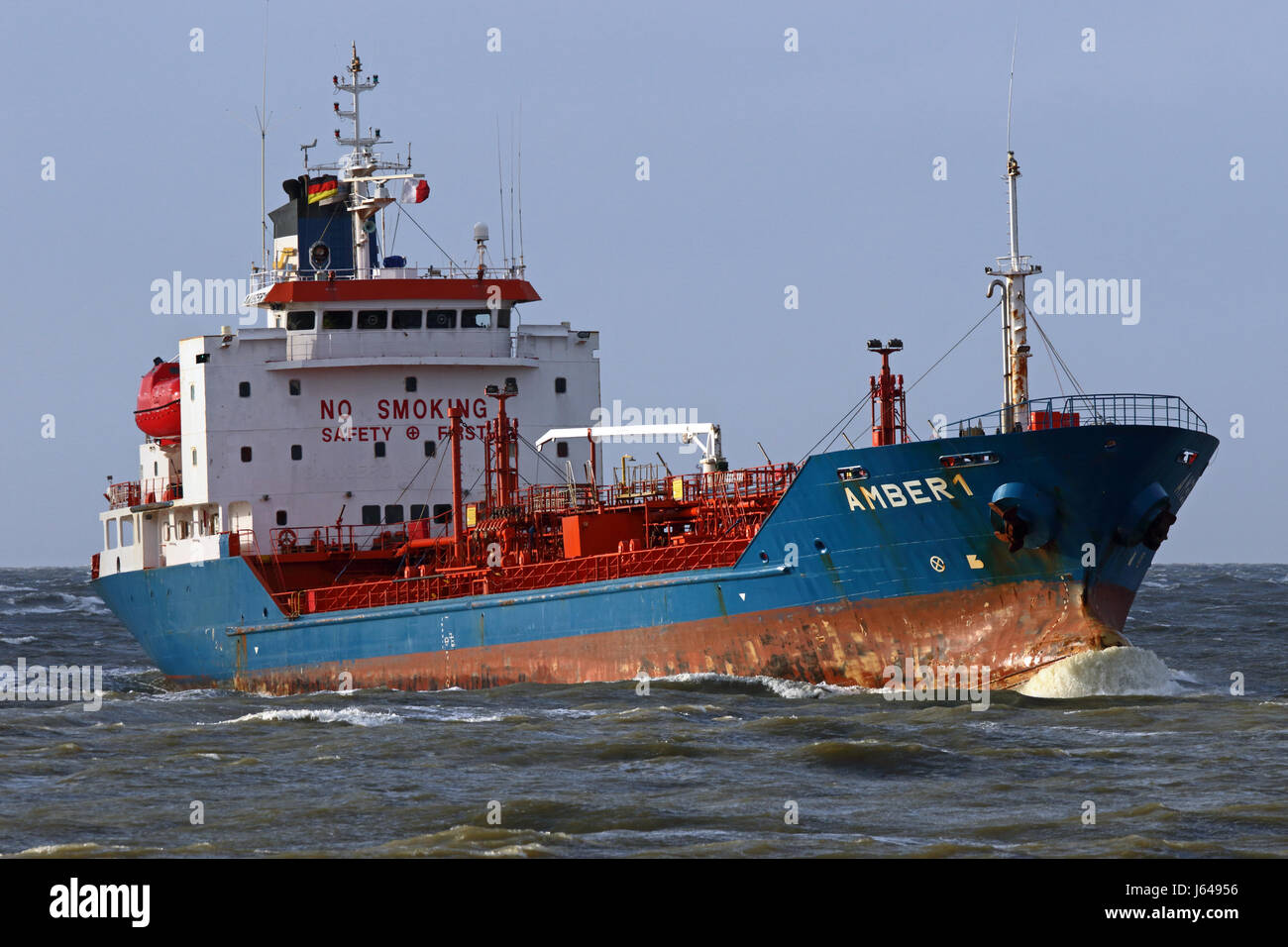The Tanker Amber 1 passes the port of Cuxhaven on the Elbe. Stock Photo
