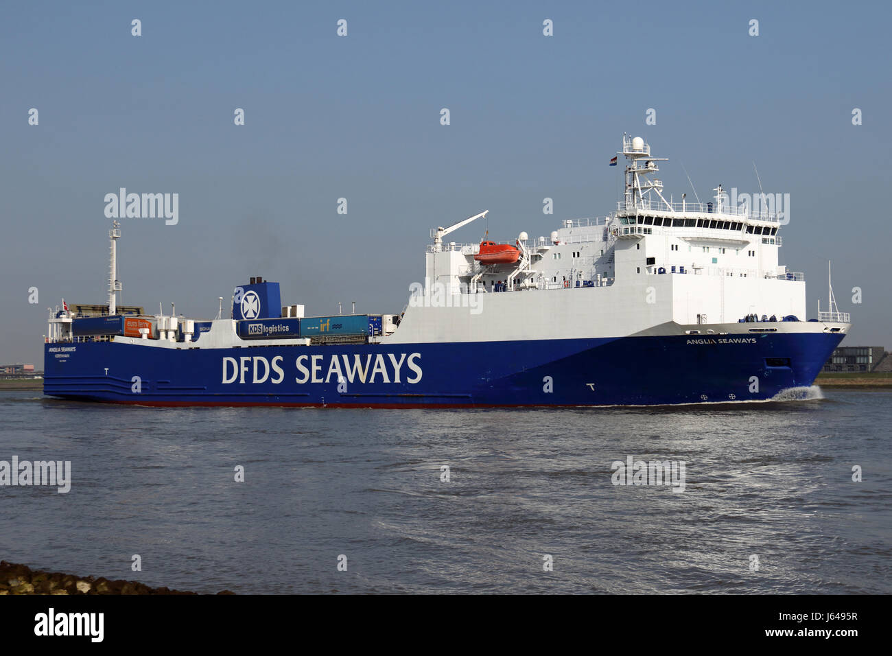 The Ro-Ro ship Anglia Seaways enters the port of Rotterdam in the canal. Stock Photo