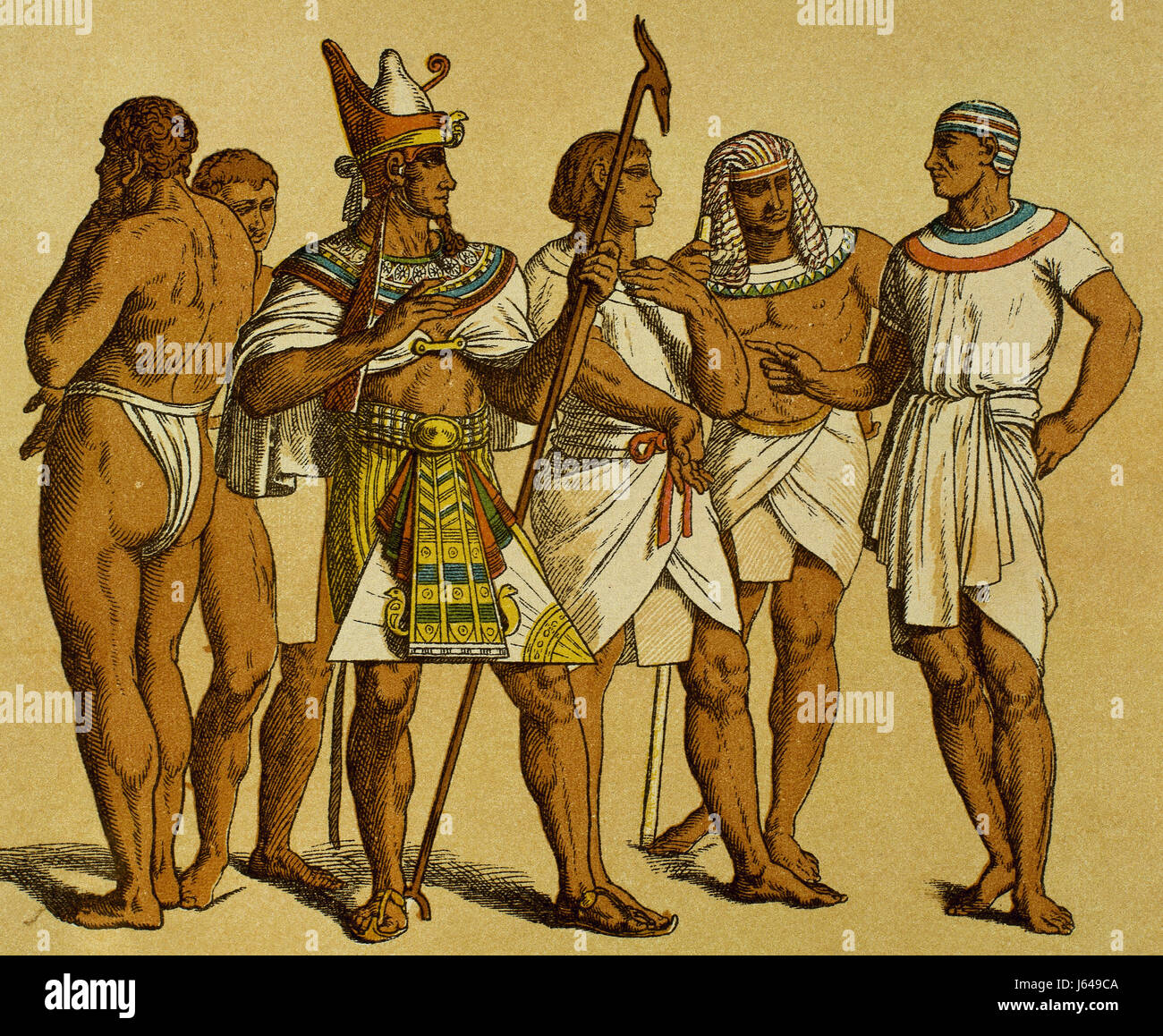 Egypt. Old Kingdom. Pharaoh, wearing the pschent or double crown, with public servants. Engraving. Color. Stock Photo