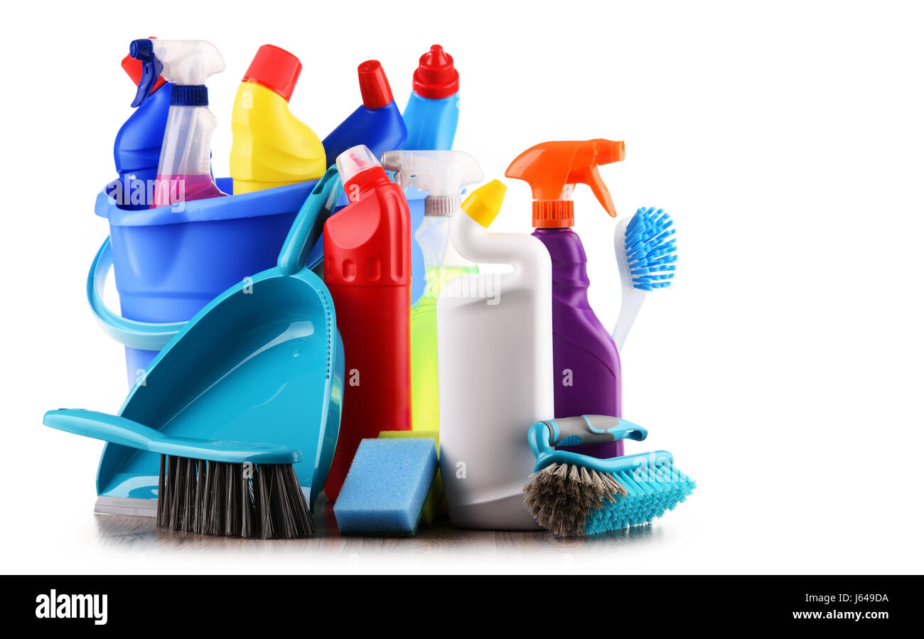 Variety of detergent bottles and chemical cleaning supplies isolated on white Stock Photo Alamy