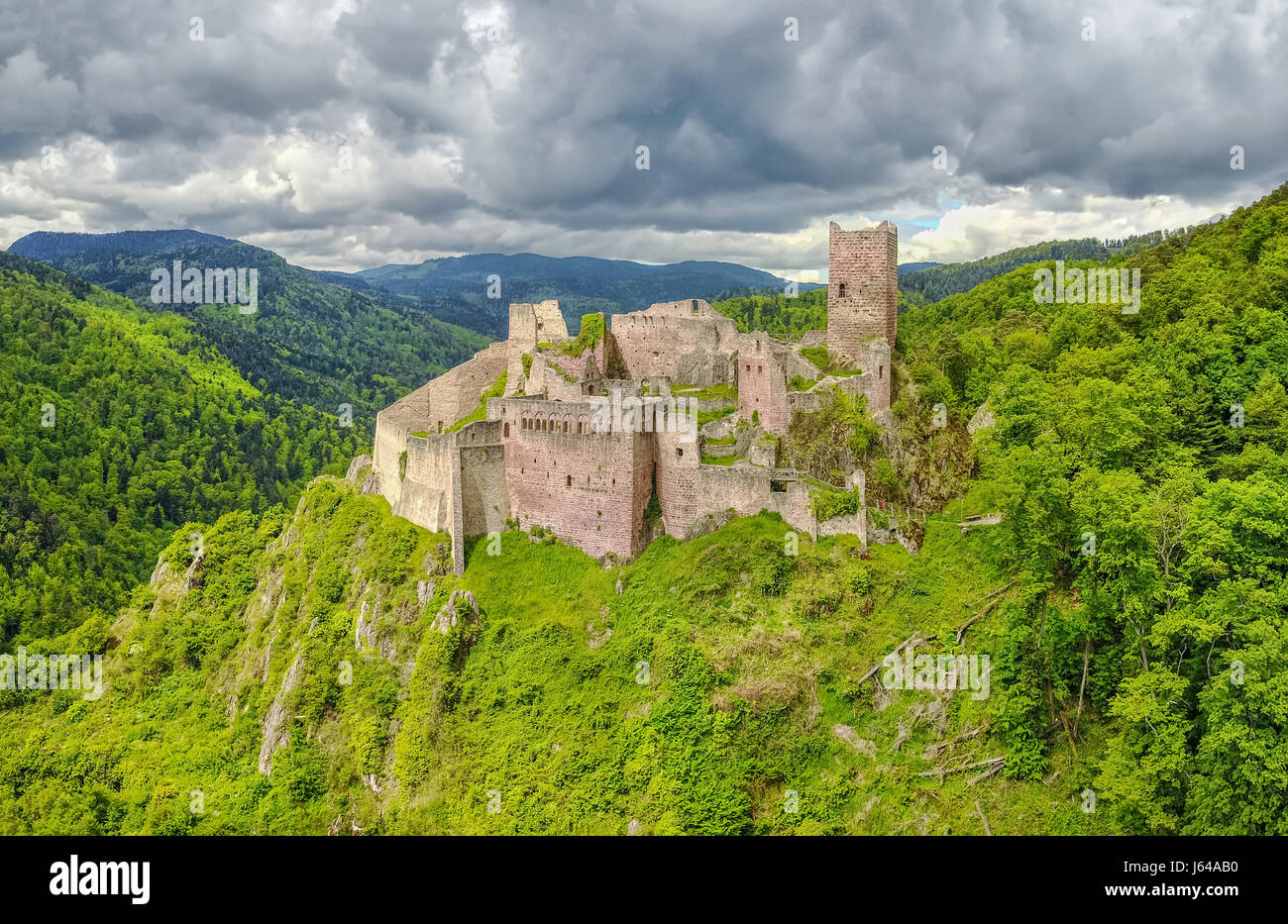 Ruins of Saint-Ulrich Castle located in The Vosges mountains near Ribeauville, Alsace, France Stock Photo