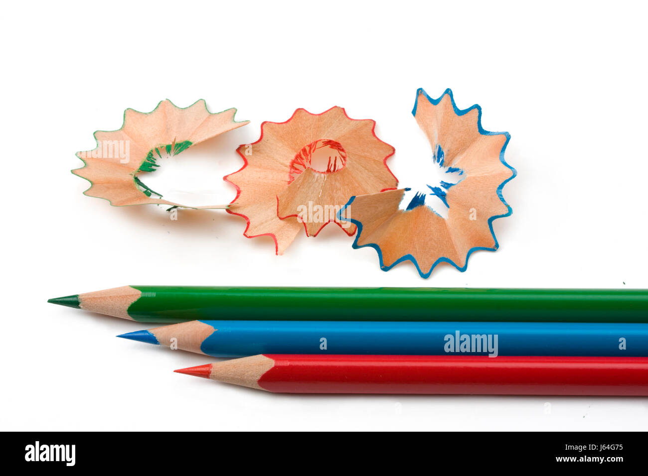 wood chippings and colored pens Stock Photo