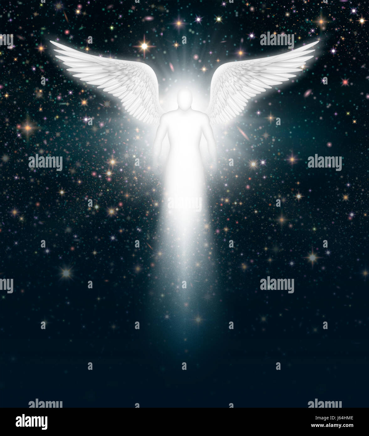 Digital illustration of an angel in the night sky full of stars. Stock Photo