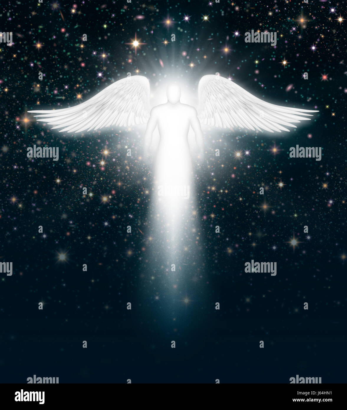 Digital illustration of an angel in the night sky full of stars. Stock Photo