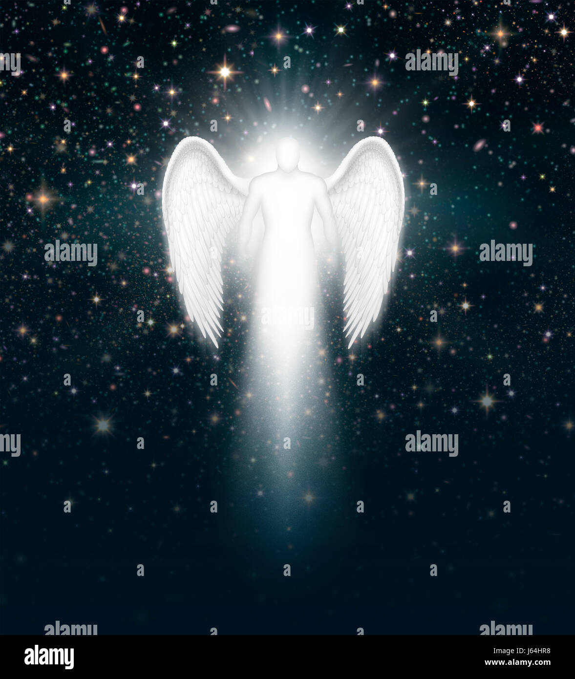 Digital illustration of an angel in the night sky full of stars. Stock Photo