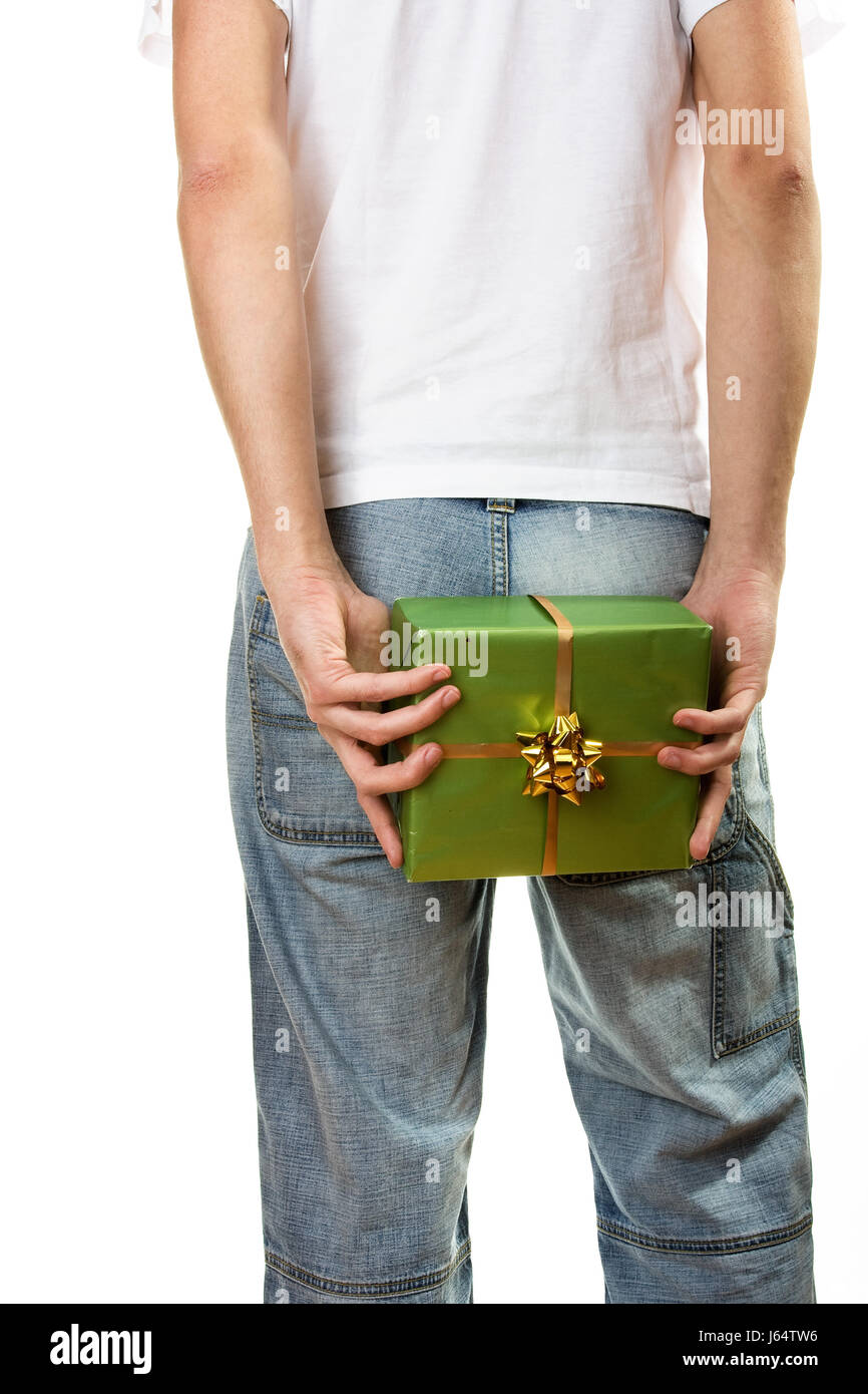 jeans trousers jean trousers gift back boy lad male youngster young younger man Stock Photo