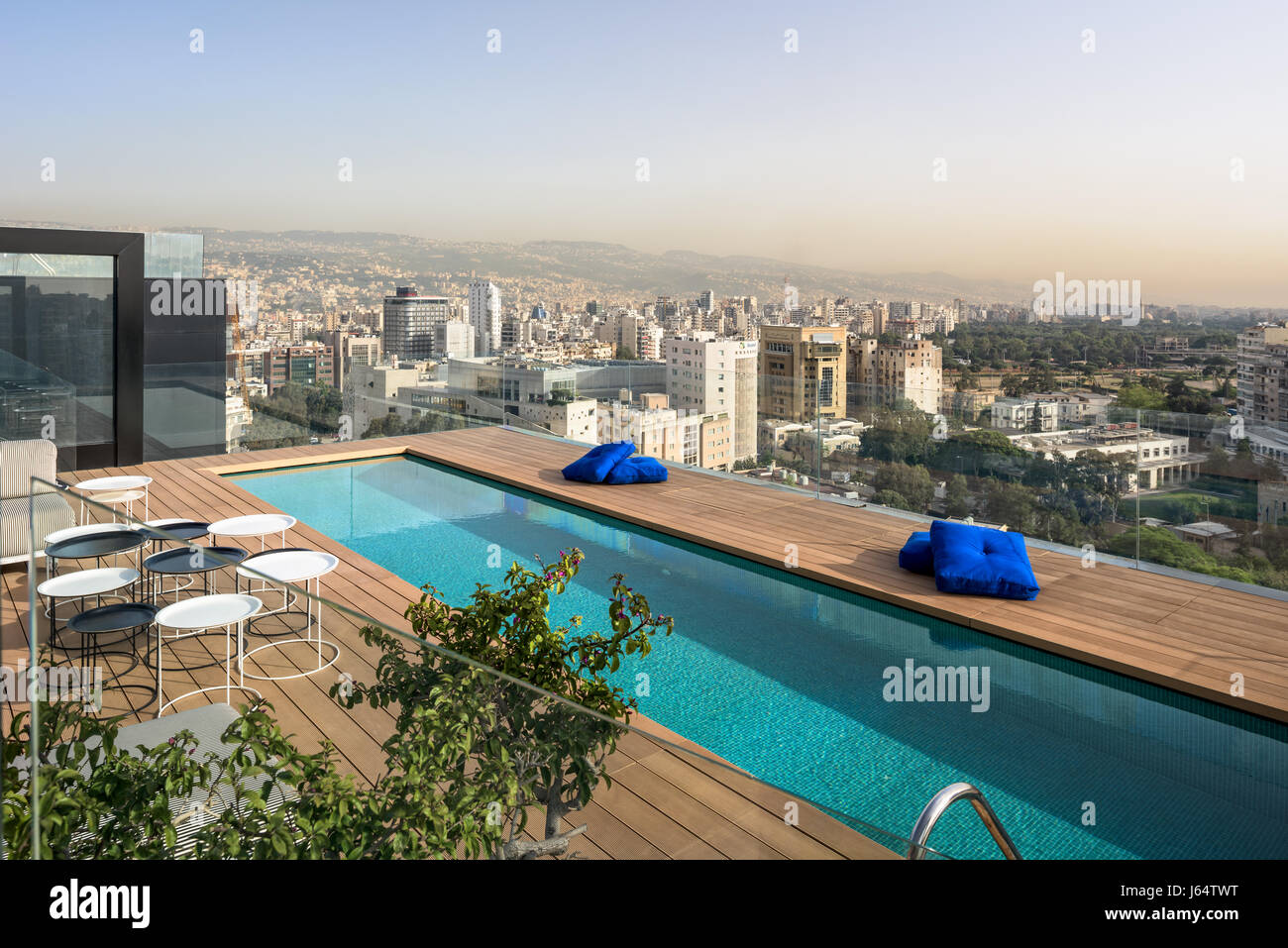 Roof top swimming pool with views of Beirut and the Chouf mountains