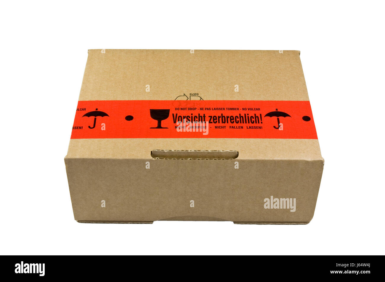 fragile warning sign label tag on a cardboard box Stock Photo - Alamy