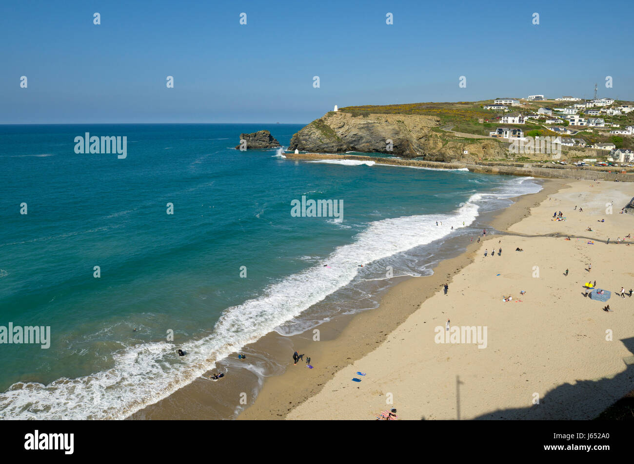 Portreath beach from the cliffs above on a sunny spring day, Cornwall England UK. Stock Photo