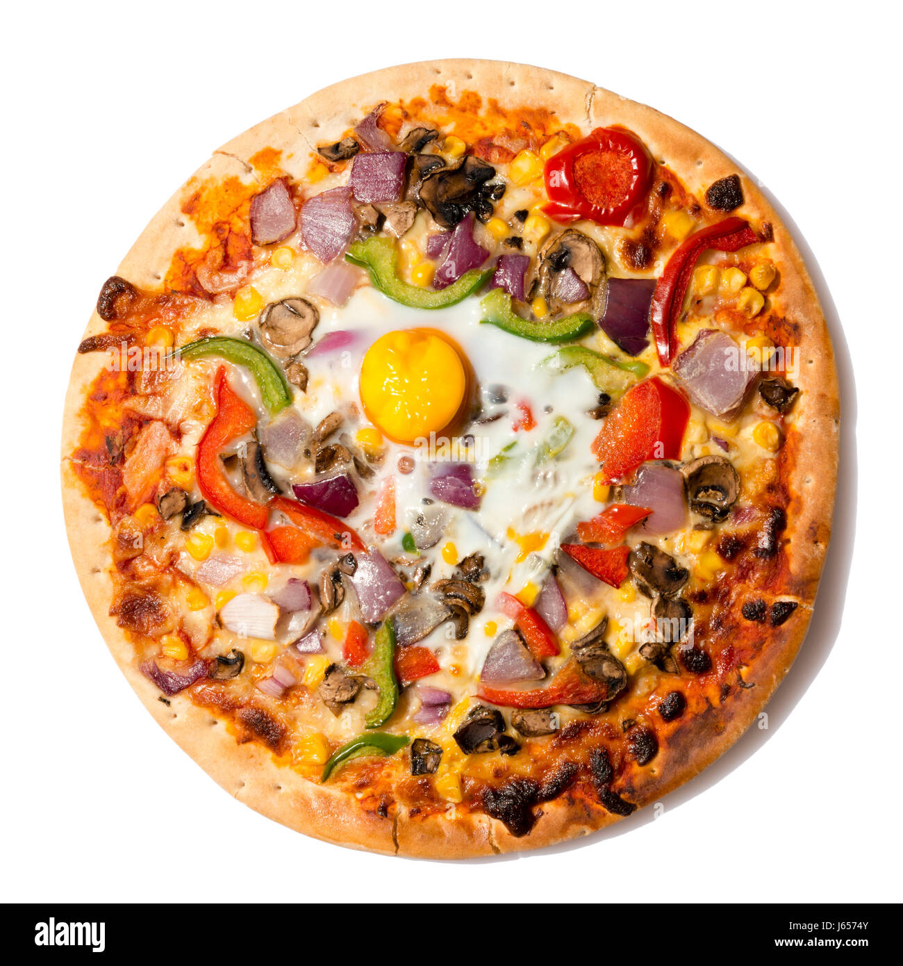 Veggie pizza with an egg, shot from above and cut out or isolated on a white background. Stock Photo