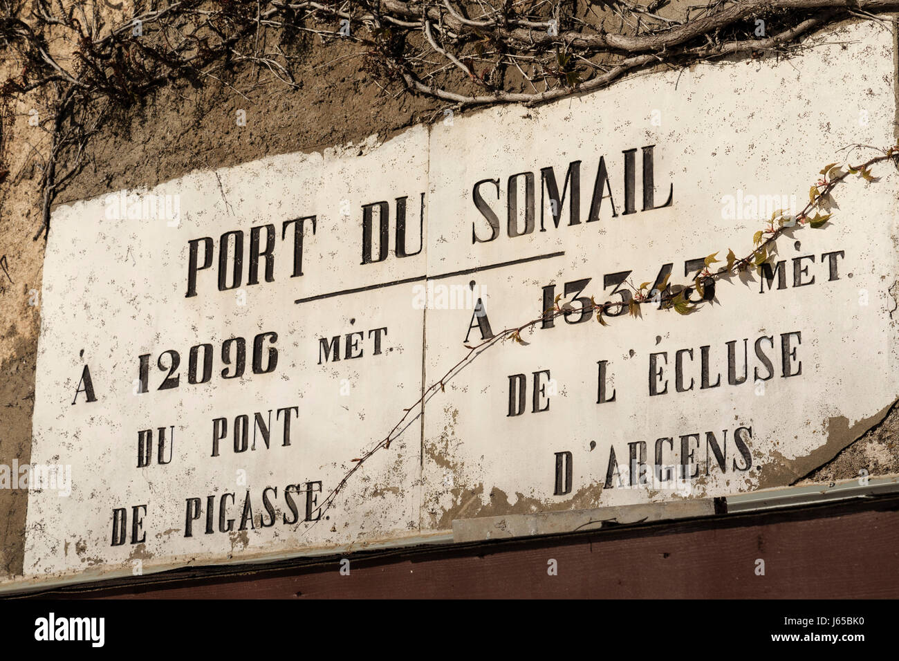 France, Aude, Le Somail, Somail river port on the Canal du Midi listed as World Heritage by UNESCO, signage Stock Photo