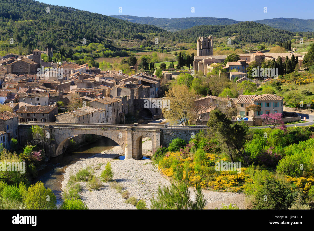 France, Aude, Lagrasse, labelled Les Plus Beaux Villages de France (The Most beautiful Villages of France), the village, Lagrasse Abbey, Orbieu river Stock Photo