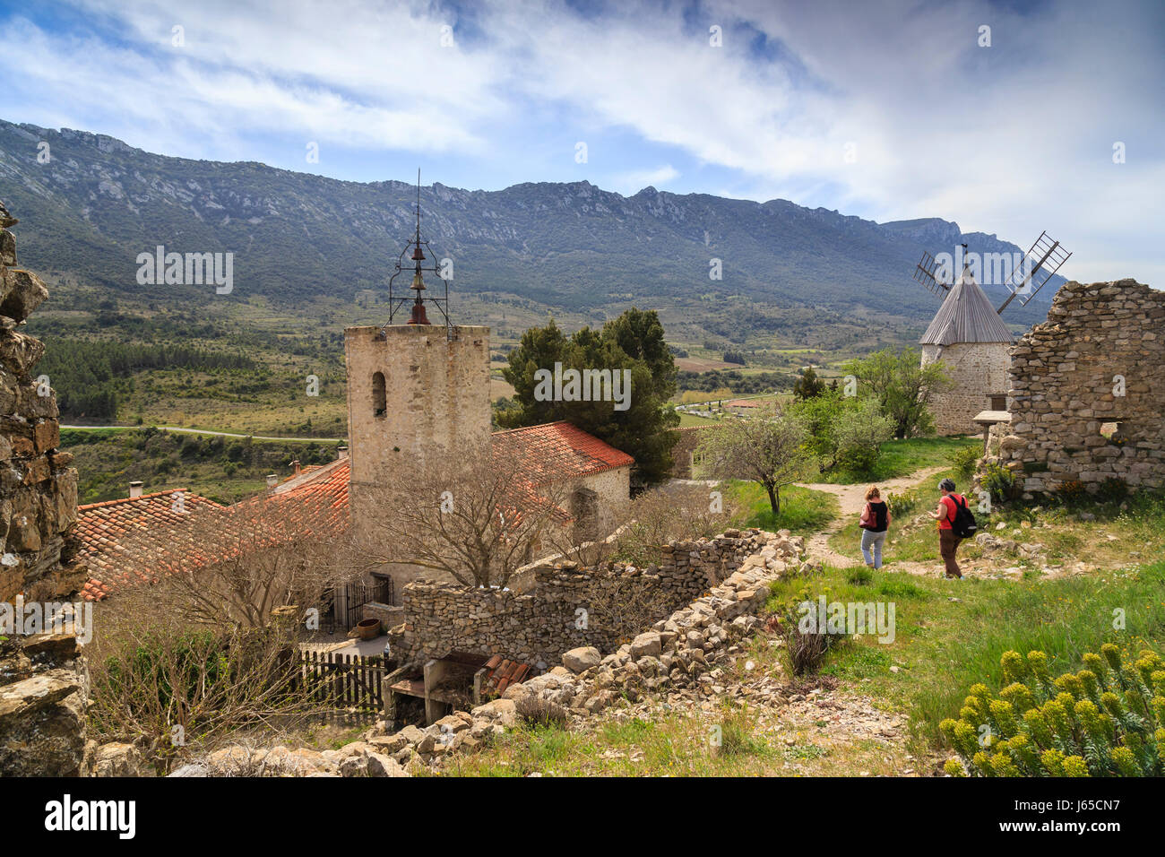 France, Aude, Cucugnan,  Saint-Julien-et-Sainte-Basilisse church and the mill of Omer at the top of the village Stock Photo
