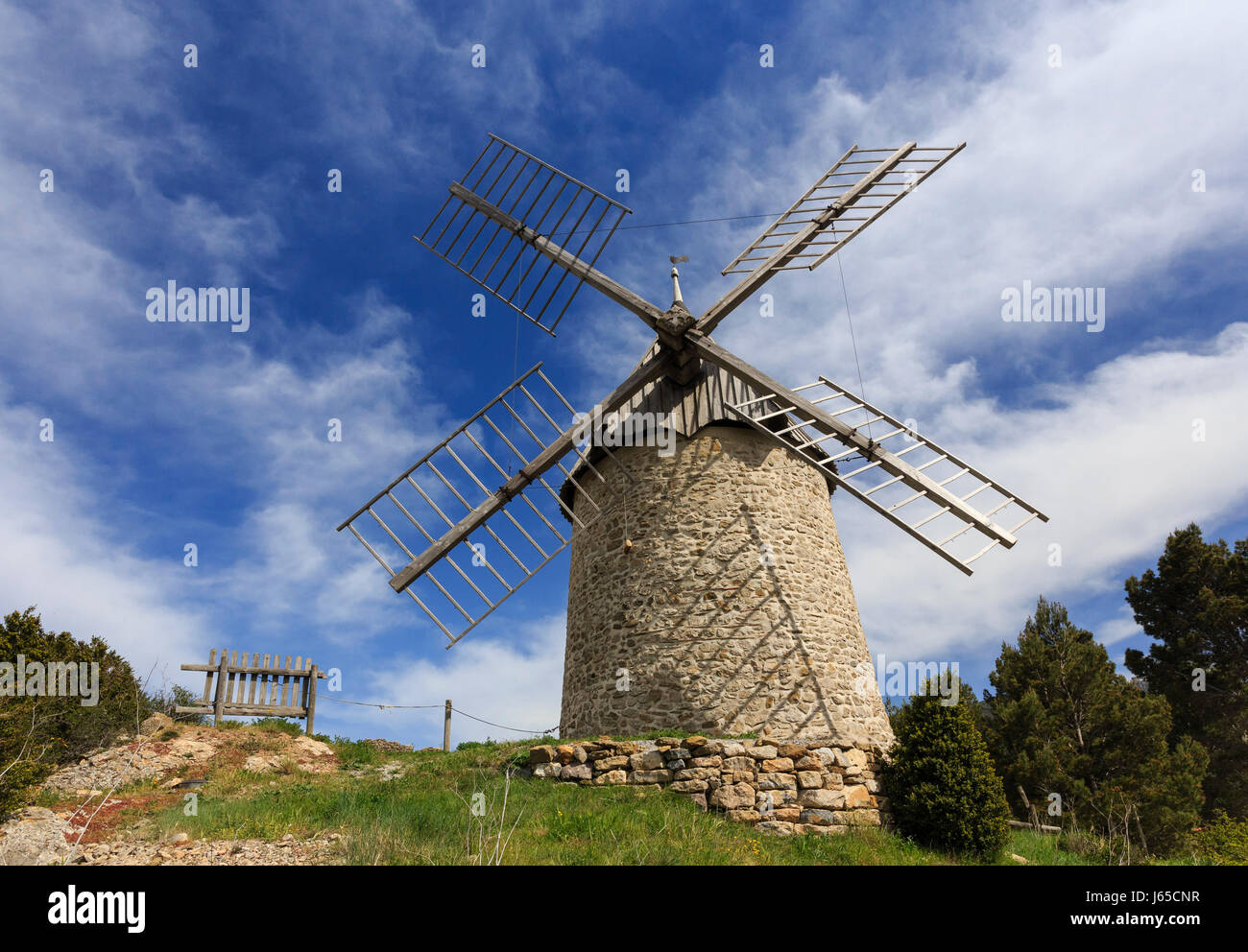 France, Aude, Cucugnan, the mill of Omer at the top of the village Stock Photo